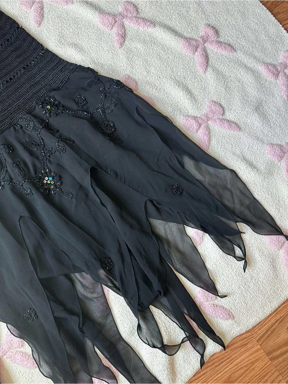 Black Spaghetti Strap Evening Dress with Beaded Skirt
